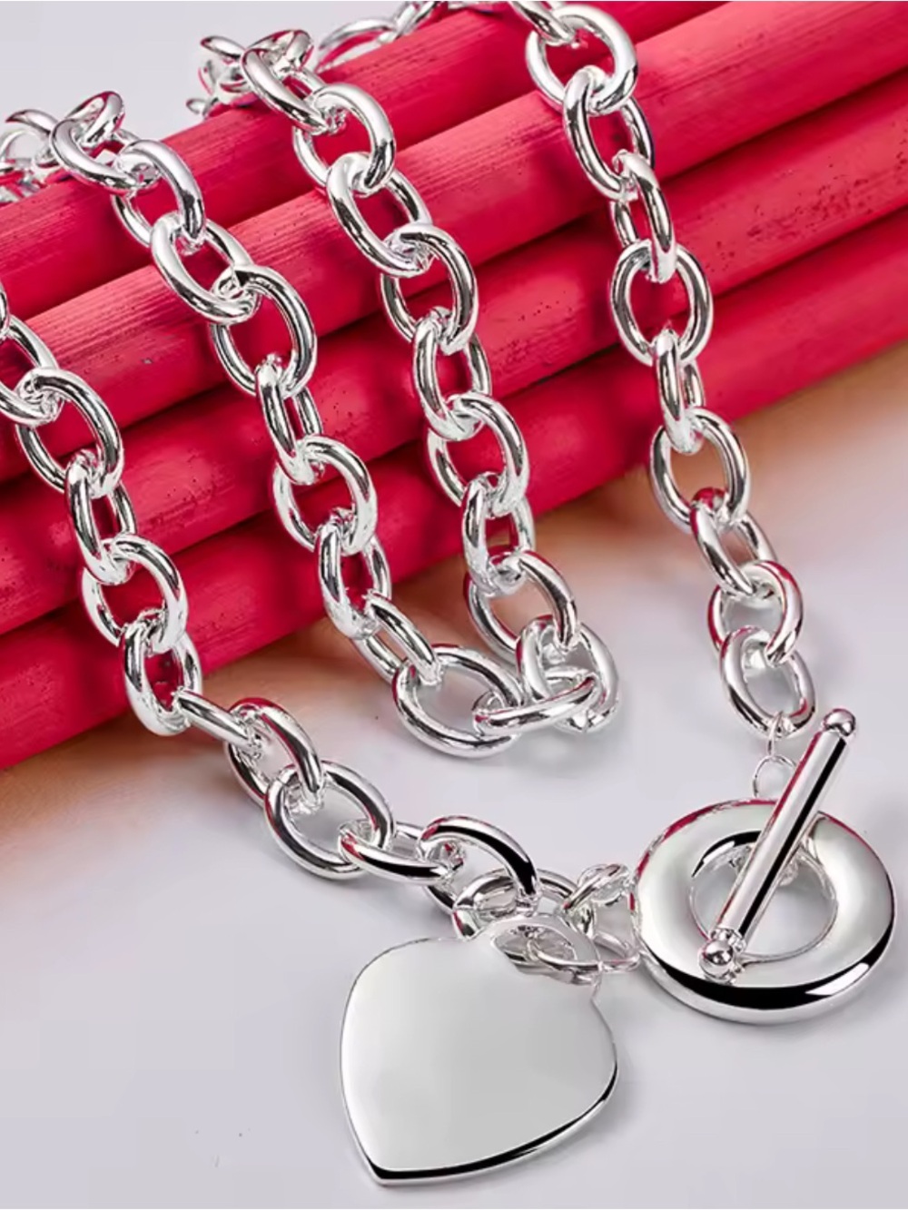 Silver Toggle Chain Necklace - Link Design Heart Charm! - Picture 6 of 9